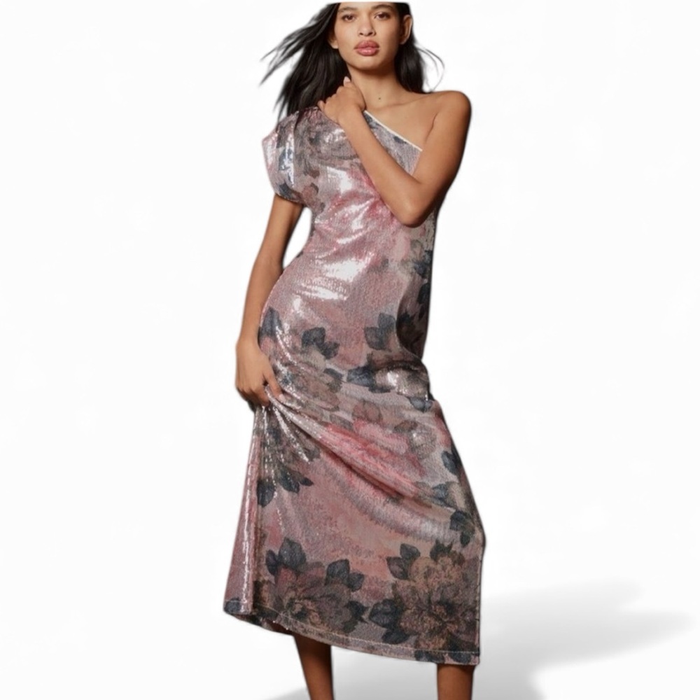Anthropologie Sequin one Shoulder Dress Pink and Black Floral‎